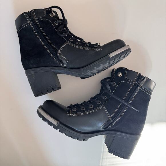 Fly London Black Leather Leal Logger Chunky Heel Combat Boots Size 38/7-7.5 - Picture 5 of 7